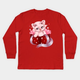 Kitschy Festive Kitty Kids Long Sleeve T-Shirt